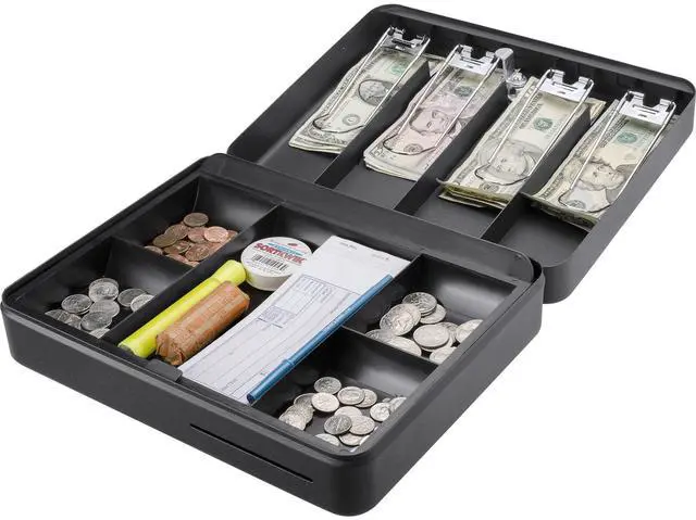 Main image of 12-Inch Fold Out Cash Box with Key Lock Drop Slot, 4 Bill Compartments, 5 Coin Tray Sections, Steel Construction, Portable Money Box Home, Office, Events - Cash Box with Money Tray and Lock