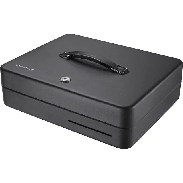 Alt view image 2 of 6 - 12-Inch Fold Out Cash Box with Key Lock Drop Slot, 4 Bill Compartments, 5 Coin Tray Sections, Steel Construction, Portable Money Box Home, Office, Events - Cash Box with Money Tray and Lock