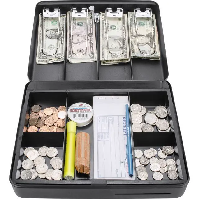 Alt view image 3 of 6 - 12-Inch Fold Out Cash Box with Key Lock Drop Slot, 4 Bill Compartments, 5 Coin Tray Sections, Steel Construction, Portable Money Box Home, Office, Events - Cash Box with Money Tray and Lock