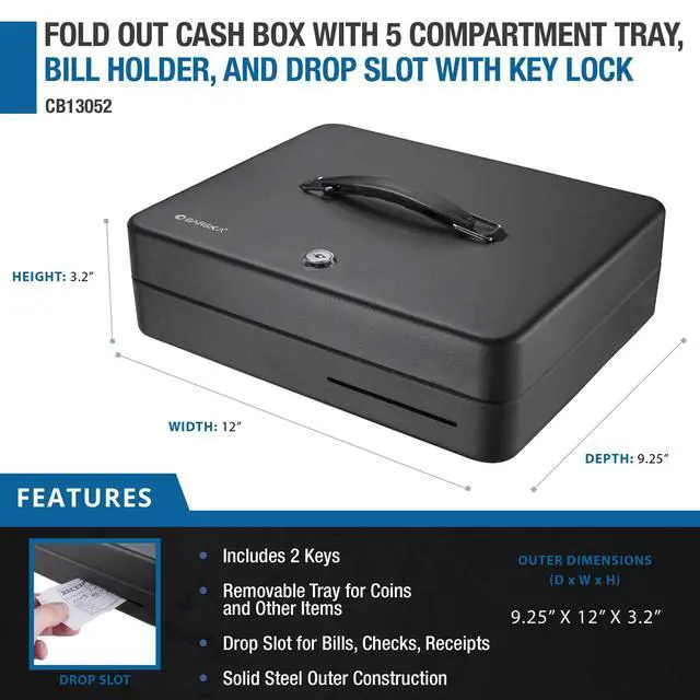 Alt view image 5 of 6 - 12-Inch Fold Out Cash Box with Key Lock Drop Slot, 4 Bill Compartments, 5 Coin Tray Sections, Steel Construction, Portable Money Box Home, Office, Events - Cash Box with Money Tray and Lock