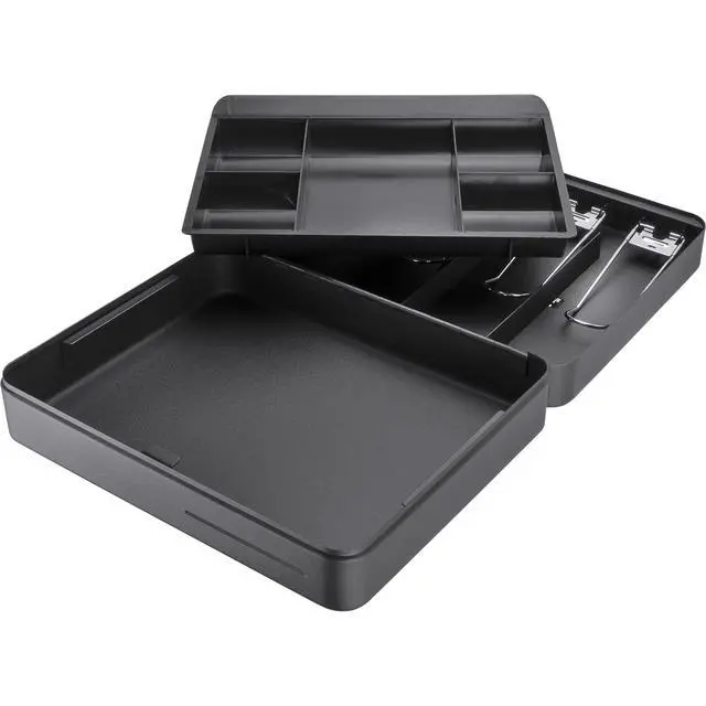 Alt view image 6 of 6 - 12-Inch Fold Out Cash Box with Key Lock Drop Slot, 4 Bill Compartments, 5 Coin Tray Sections, Steel Construction, Portable Money Box Home, Office, Events - Cash Box with Money Tray and Lock