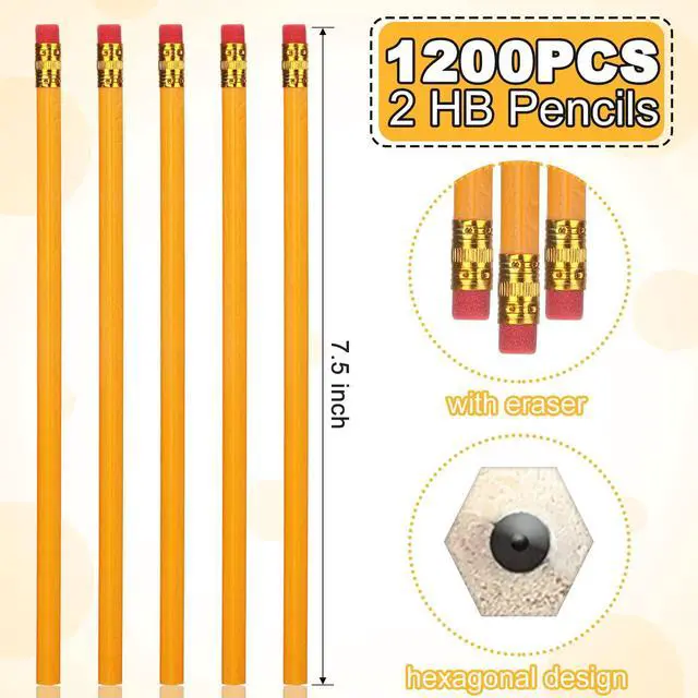 Alt view image 2 of 6 - 1200 Pack #2 HB Pencils Bulk, Yellow Wood Cased Unsharpened Pencils with Erasers for Back to School Supplies, Classroom, Teachers, Students, Testing, Office