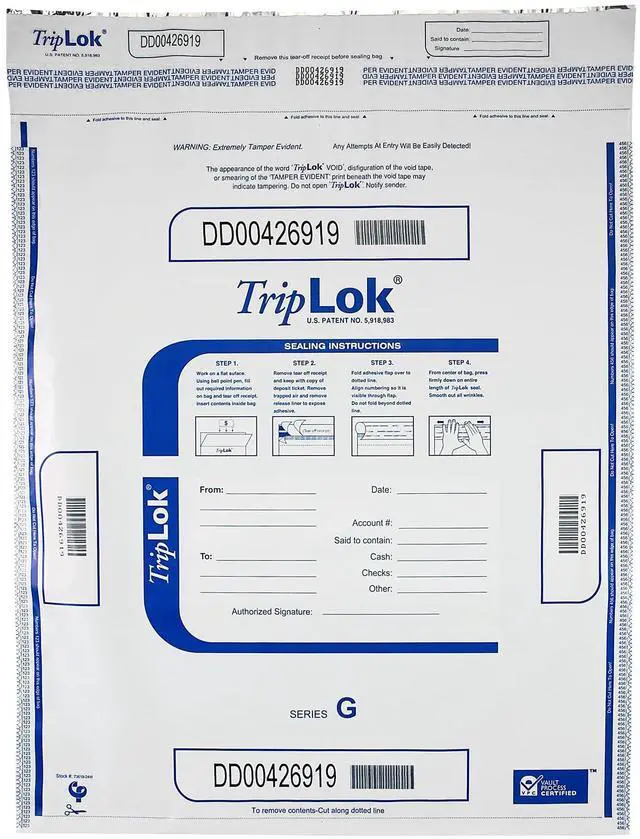 Main image of TripLok 19" x 24", White, 50 Bags, Tamper-Evident Deposit Bags for Cash Handling & Valuables, Moisture, Heat and Cold Sensitive Ink, Tear-off receipt + Large Barcodes 585058