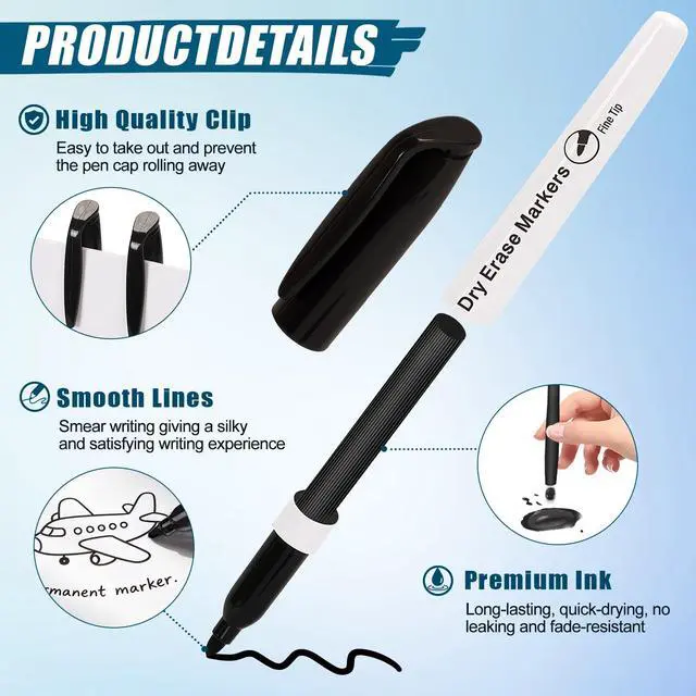Alt view image 3 of 6 - 300 Count Black Dry Erase Markers Bulk, Fine Tip Whiteboard Marker, Low Odor Dry Erase Pens for Back to School Supplies
