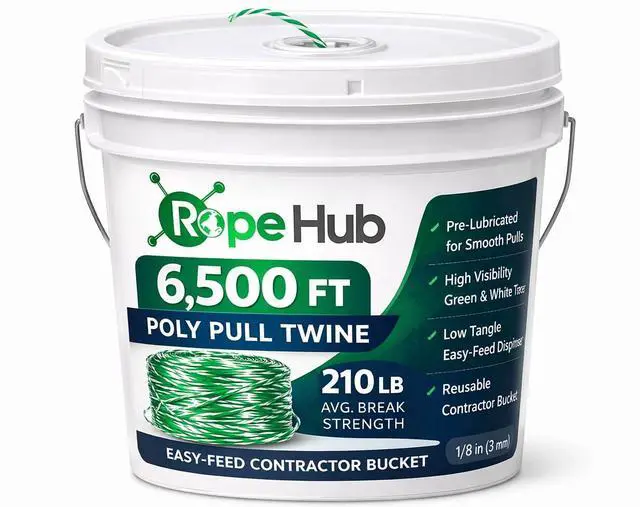 Main image of RopeHub Poly Pull Twine in Bucket - 6,500 FT - 210 LB Avg. Break Strength - Easy-Feed Contractor Bucket for Conduit Pulling, Cable Pulling & Power Fishing Systems
