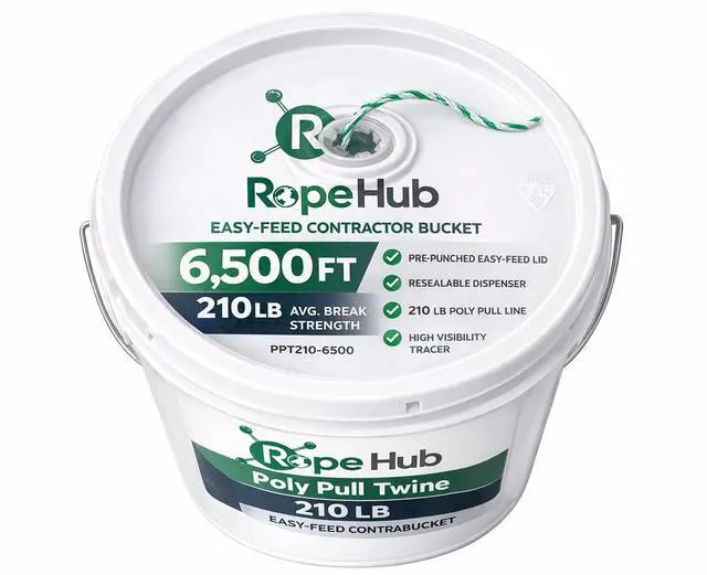 Alt view image 2 of 6 - RopeHub Poly Pull Twine in Bucket - 6,500 FT - 210 LB Avg. Break Strength - Easy-Feed Contractor Bucket for Conduit Pulling, Cable Pulling & Power Fishing Systems