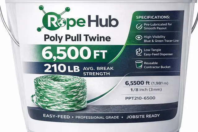 Alt view image 3 of 6 - RopeHub Poly Pull Twine in Bucket - 6,500 FT - 210 LB Avg. Break Strength - Easy-Feed Contractor Bucket for Conduit Pulling, Cable Pulling & Power Fishing Systems
