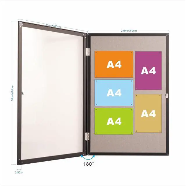 Alt view image 2 of 6 - 36x24 Inch Enclosed Bulletin Board,Outdoor Weatherproof Tamper-Proof Noticeboard with Locking Doors, Black Aluminum Frame Shatter Resistant Lockable Bulletin Board