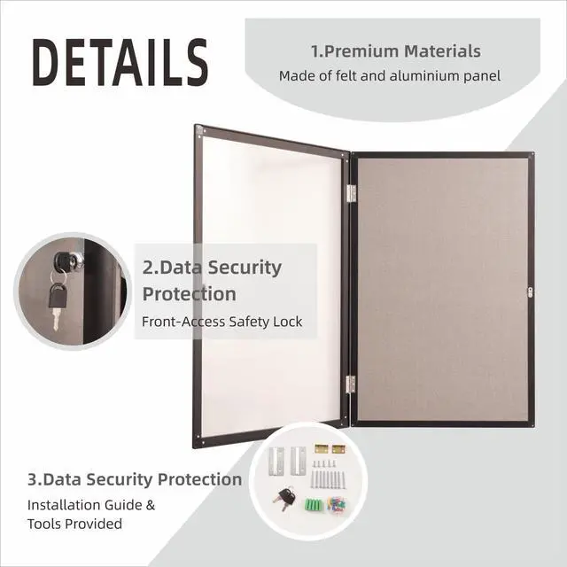 Alt view image 3 of 6 - 36x24 Inch Enclosed Bulletin Board,Outdoor Weatherproof Tamper-Proof Noticeboard with Locking Doors, Black Aluminum Frame Shatter Resistant Lockable Bulletin Board