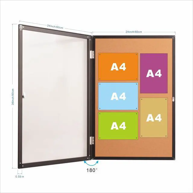 Alt view image 2 of 6 - 36x24 Inch Enclosed Bulletin Board,Outdoor Weatherproof Tamper-Proof Noticeboard with Locking Doors, Black Aluminum Frame Shatter Resistant Lockable Bulletin Board
