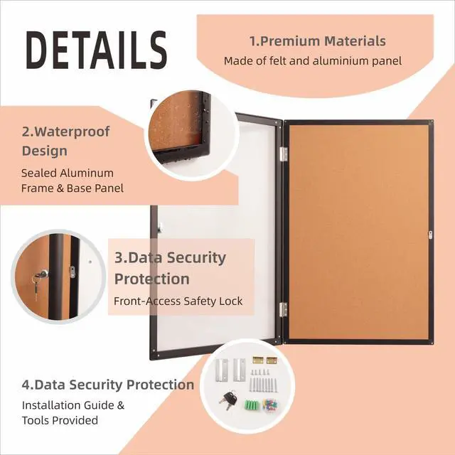 Alt view image 4 of 6 - 36x24 Inch Enclosed Bulletin Board,Outdoor Weatherproof Tamper-Proof Noticeboard with Locking Doors, Black Aluminum Frame Shatter Resistant Lockable Bulletin Board
