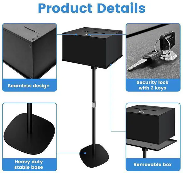 Alt view image 4 of 6 - Metal Suggestion Box with Stand Floor Standing Donation Box with Lock and Key Heavy-Duty Collection Case for Charity Home Office Church Elections, Black
