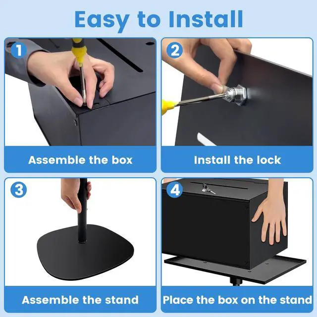Alt view image 5 of 6 - Metal Suggestion Box with Stand Floor Standing Donation Box with Lock and Key Heavy-Duty Collection Case for Charity Home Office Church Elections, Black