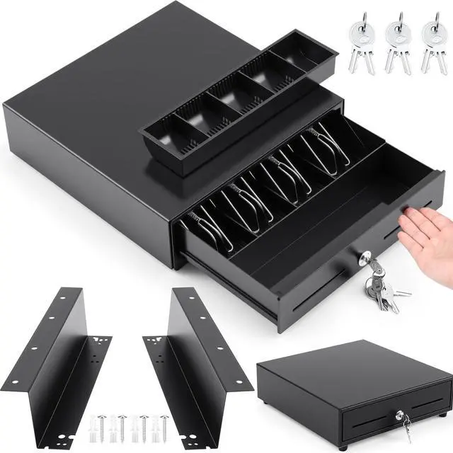 Main image of 13 Inch Manual Push Open Cash Register Drawer with Under Counter Mounting Bracket Sliding Deal Cash Tray Heavy Duty Register for Small Businesses 4 Bill 5 Coin
