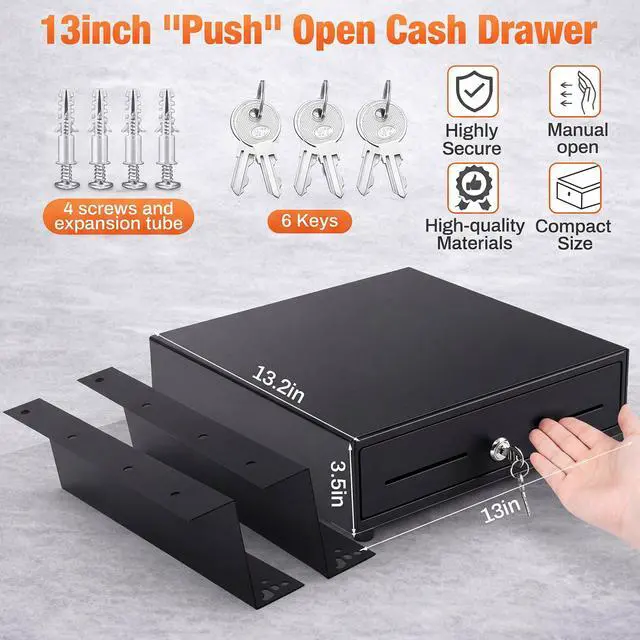 Alt view image 2 of 6 - 13 Inch Manual Push Open Cash Register Drawer with Under Counter Mounting Bracket Sliding Deal Cash Tray Heavy Duty Register for Small Businesses 4 Bill 5 Coin