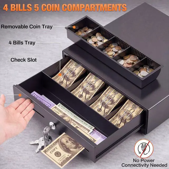 Alt view image 5 of 6 - 13 Inch Manual Push Open Cash Register Drawer with Under Counter Mounting Bracket Sliding Deal Cash Tray Heavy Duty Register for Small Businesses 4 Bill 5 Coin