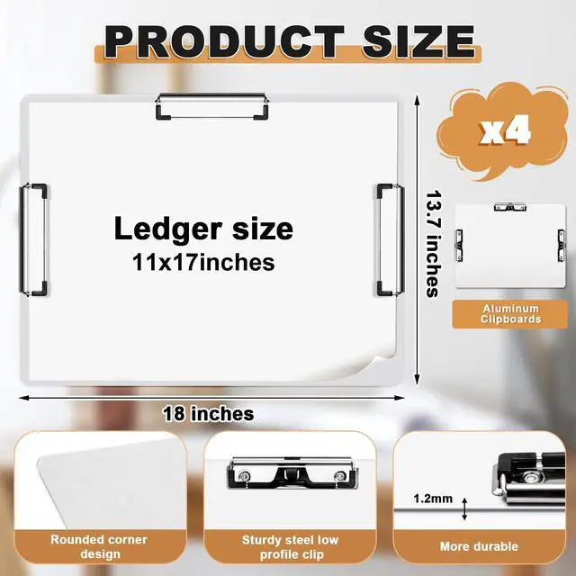 Alt view image 2 of 6 - 4 Pcs 11x17 Aluminum Clipboard Three Clip Tough Extra Large Clipboard 11x17 Drawing Metal Clipping Board for Office Artists Professionals Workshop Supplies