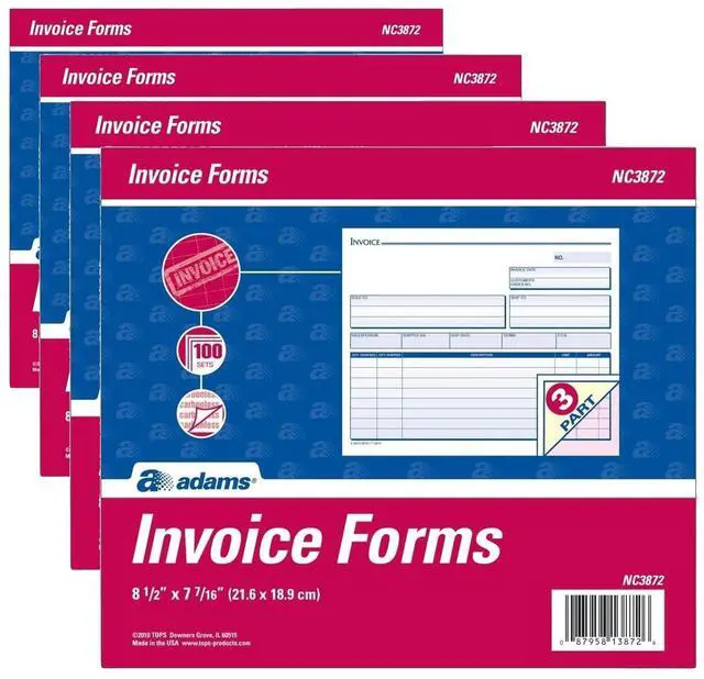 Main image of Invoice Unit Sets, 7.44 x 8.5 Inches, 3-Part, Carbonless, White/Canary/Pink, 100 Sets per Pack (NC3872) (Pack of 4)