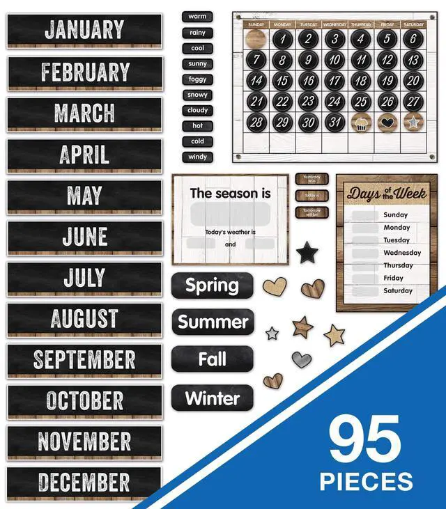 Alt view image 2 of 6 - Industrial Chic 95-Piece Calendar Bulletin Board Set, Farmhouse Monthly Calendar with Numbers, Birthdays and More, Rustic Farmhouse Calendar Bulletin Board Set for Classroom