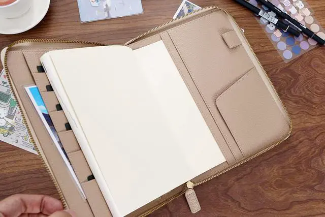 Alt view image 4 of 6 - Zippered Leather Cover for A5-Notebooks - Fits Hobonichi Cousin, Stalogy and Midori MD Planners (Pebbled-Taupe)