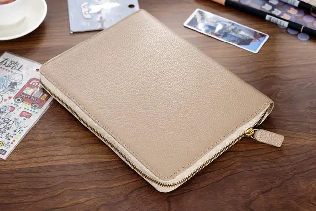 Alt view image 6 of 6 - Zippered Leather Cover for A5-Notebooks - Fits Hobonichi Cousin, Stalogy and Midori MD Planners (Pebbled-Taupe)