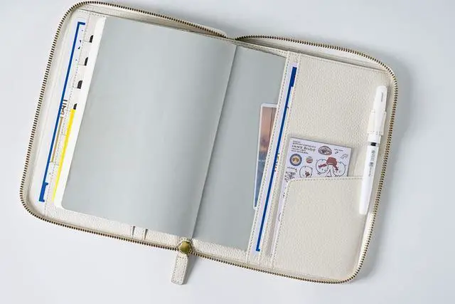 Alt view image 4 of 6 - Zippered Leather Cover for A5-Notebooks - Fits Hobonichi Cousin, Stalogy and Midori MD Planners (Pebbled-Cream)