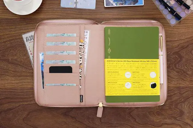 Alt view image 3 of 6 - Zippered Leather Cover for A5-Notebooks - Fits Hobonichi Cousin, Stalogy and Midori MD Planners (Pebbled-Dusty Rose)