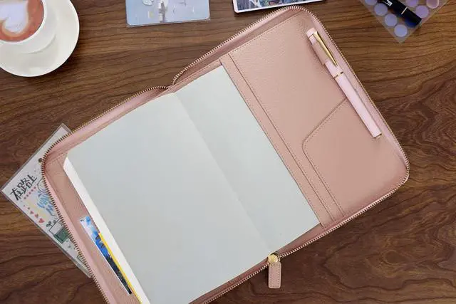 Alt view image 4 of 6 - Zippered Leather Cover for A5-Notebooks - Fits Hobonichi Cousin, Stalogy and Midori MD Planners (Pebbled-Dusty Rose)