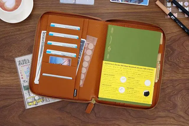 Alt view image 3 of 6 - Zippered Leather Cover for A5-Notebooks - Fits Hobonichi Cousin, Stalogy and Midori MD Planners (Pebbled-Burnt Orange)