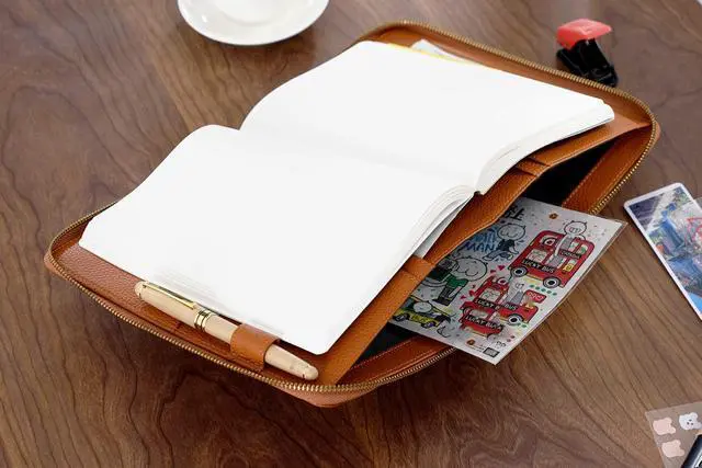 Alt view image 5 of 6 - Zippered Leather Cover for A5-Notebooks - Fits Hobonichi Cousin, Stalogy and Midori MD Planners (Pebbled-Burnt Orange)
