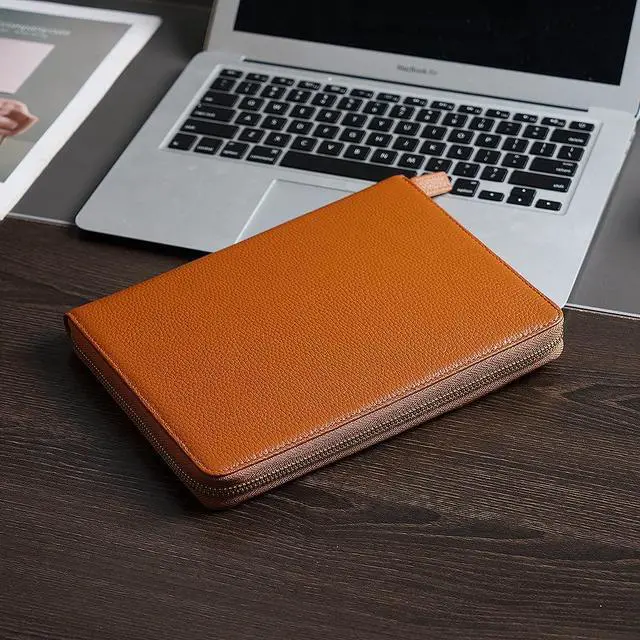 Alt view image 6 of 6 - Zippered Leather Cover for A5-Notebooks - Fits Hobonichi Cousin, Stalogy and Midori MD Planners (Pebbled-Burnt Orange)