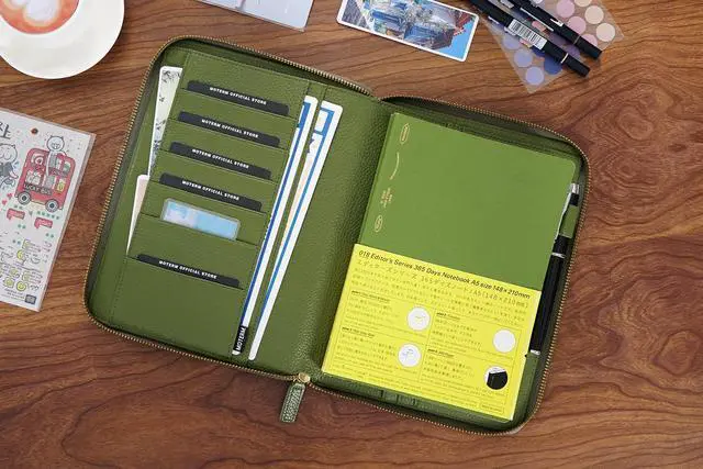 Alt view image 3 of 6 - Zippered Leather Cover for A5-Notebooks - Fits Hobonichi Cousin, Stalogy and Midori MD Planners (Pebbled-Olive)
