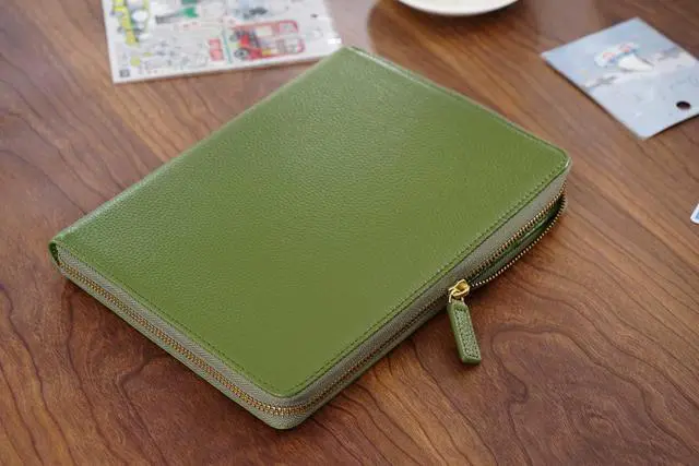 Alt view image 6 of 6 - Zippered Leather Cover for A5-Notebooks - Fits Hobonichi Cousin, Stalogy and Midori MD Planners (Pebbled-Olive)