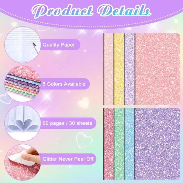 Alt view image 3 of 6 - 80 Pack Glitter Notebooks Bulk 8.3x5.5 Inch Glitter Lined Paper Journals Pack, 60 Pages 30 Sheets A5 Size Travel Writing Notebooks for Teens Women Writing Note Taking Office Gifts