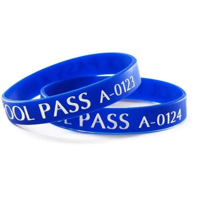 Alt view image 2 of 6 - (100-Pack) Adults Pool Pass Silicone Wristbands with Consecutive Numbering, Prefix A, 1/16 inch Silicone Bracelet Band, 8 L x 0.5 W x 0.06, Blue and White, USA-Made