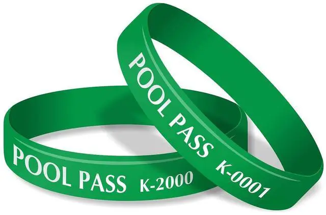 Main image of (100-Pack) Kids Pool Pass Silicone Wristbands with Consecutive Numbering, Prefix K, 1/16 inch Rubber Silicone Bracelet Bands, 7 L x 0.5 W x 0.06, Green and White