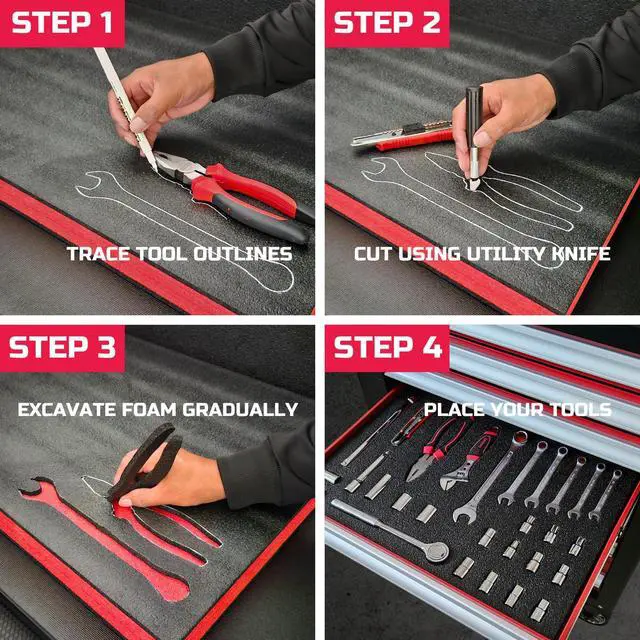 Alt view image 4 of 6 - Tool Box Foam 30x22x1 inch 2Pack, Foam Inserts for Cases, Polyethylene Storage Sheets for Toolbox Hard Case, Tool Shadow Insert, Kaizen Organizer Sheet, Red With Black