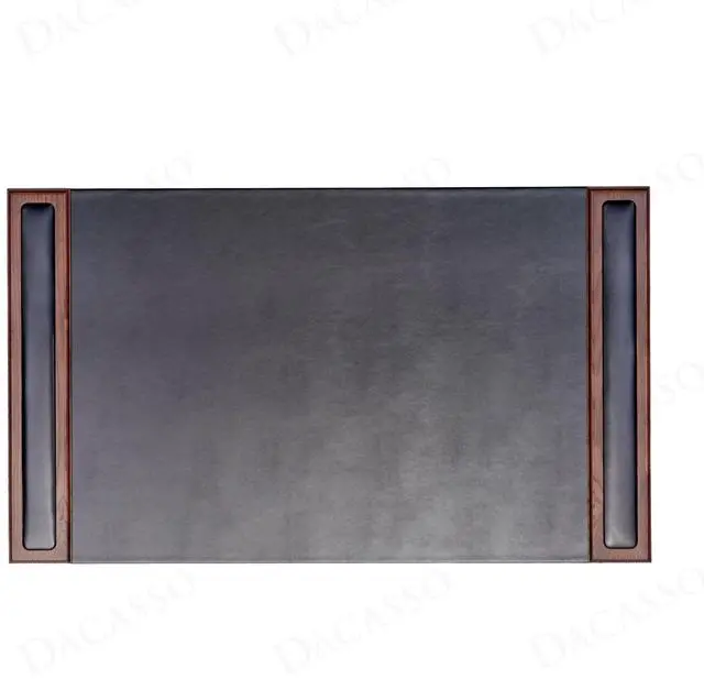 Main image of Wood & Leather Desk Pad with Side Rails - Luxury Leather Desk Blotter for Writing - Padded Executive Desk Surface Protector - (Walnut & Black, 34 x 20)
