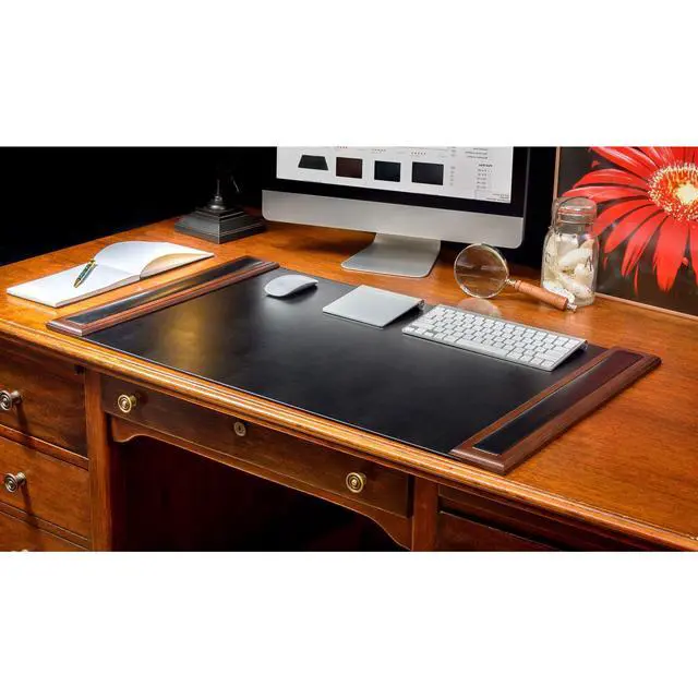 Alt view image 2 of 6 - Wood & Leather Desk Pad with Side Rails - Luxury Leather Desk Blotter for Writing - Padded Executive Desk Surface Protector - (Walnut & Black, 34 x 20)