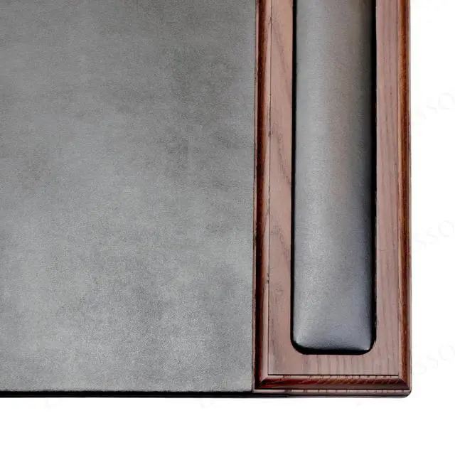 Alt view image 3 of 6 - Wood & Leather Desk Pad with Side Rails - Luxury Leather Desk Blotter for Writing - Padded Executive Desk Surface Protector - (Walnut & Black, 34 x 20)