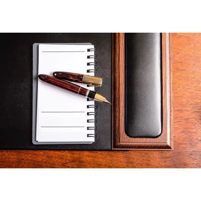 Alt view image 4 of 6 - Wood & Leather Desk Pad with Side Rails - Luxury Leather Desk Blotter for Writing - Padded Executive Desk Surface Protector - (Walnut & Black, 34 x 20)