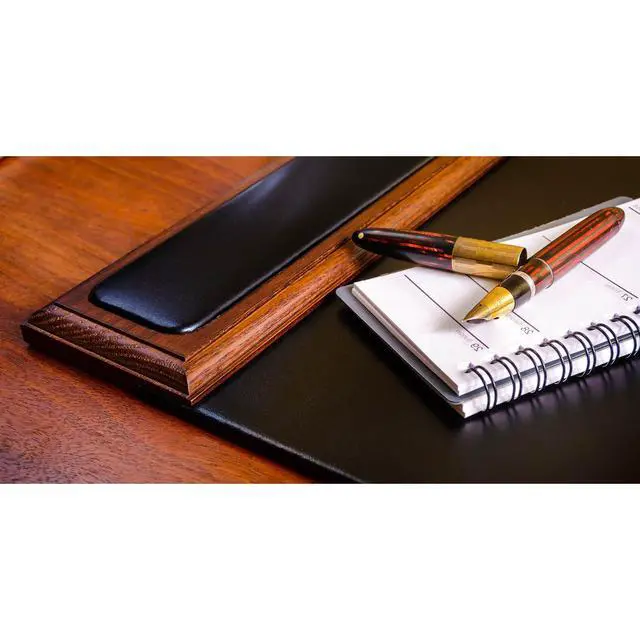 Alt view image 5 of 6 - Wood & Leather Desk Pad with Side Rails - Luxury Leather Desk Blotter for Writing - Padded Executive Desk Surface Protector - (Walnut & Black, 34 x 20)