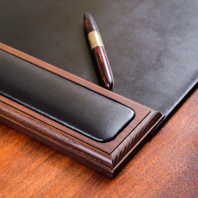 Alt view image 6 of 6 - Wood & Leather Desk Pad with Side Rails - Luxury Leather Desk Blotter for Writing - Padded Executive Desk Surface Protector - (Walnut & Black, 34 x 20)