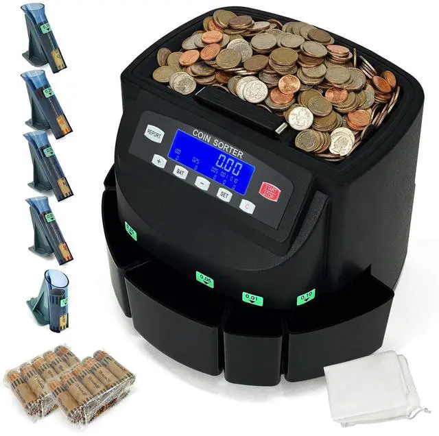 Main image of USD Coin Counter Machine with LCD Display,Coin Sorter and Wrapper Machine,Sorts 151025$1 up to 300 Coins/min,2000-coin Capacity,Business Grade,5 Bins&5 Tubes,Automatic Wrapper (Black)