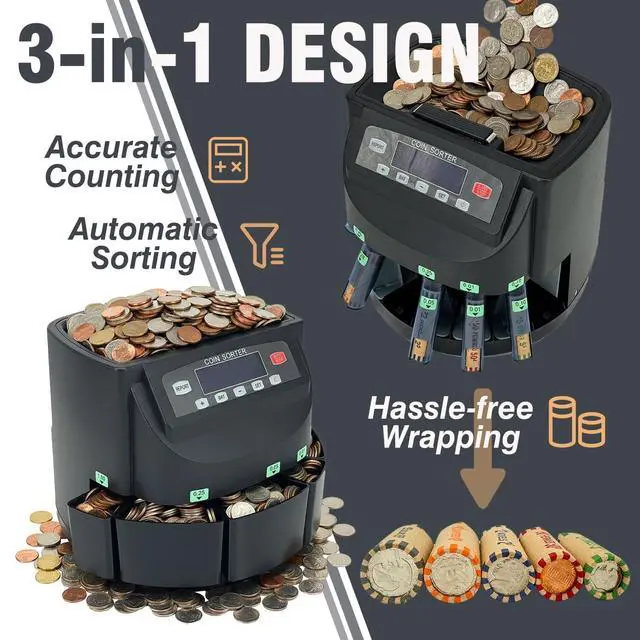 Alt view image 2 of 6 - USD Coin Counter Machine with LCD Display,Coin Sorter and Wrapper Machine,Sorts 151025$1 up to 300 Coins/min,2000-coin Capacity,Business Grade,5 Bins&5 Tubes,Automatic Wrapper (Black)