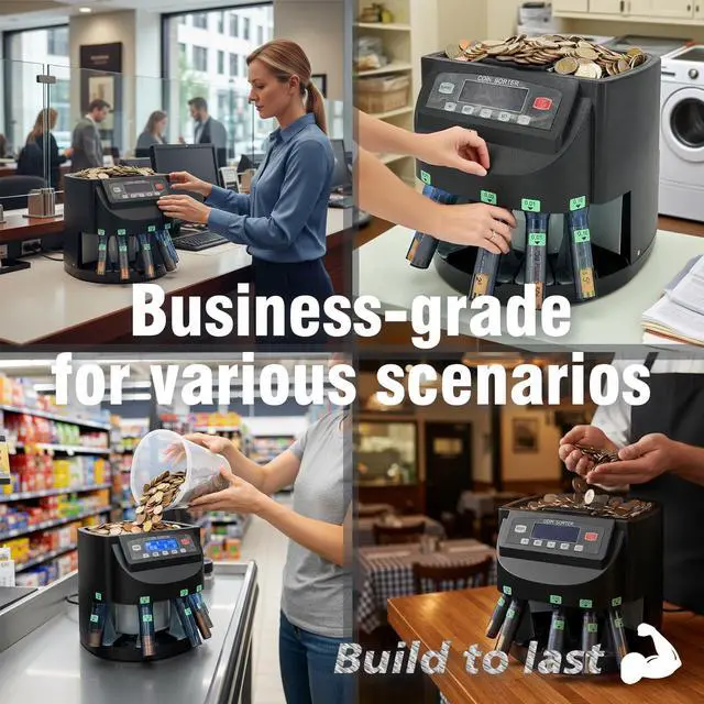 Alt view image 6 of 6 - USD Coin Counter Machine with LCD Display,Coin Sorter and Wrapper Machine,Sorts 151025$1 up to 300 Coins/min,2000-coin Capacity,Business Grade,5 Bins&5 Tubes,Automatic Wrapper (Black)
