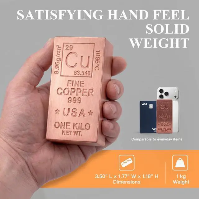 Alt view image 3 of 6 - 1 kg Copper Bar.999 Pure Copper Bullion for Paperweight, Gift & Education | Solid, Heavy & Refined Copper Ingot - Desk Display, 7th Anniversary Wedding Gift for Him/Her with COA, Gift Box, Pouch