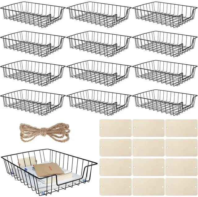 Main image of 12 Pack Wire Paper Baskets for Organizing, Metal Desktop File Organizer, Office Document Storage Basket with Wooden Tags, Paper Trays for Classroom Home School Desktop, 14 x 10 x 3 Inch, Black