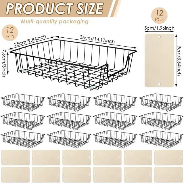 Alt view image 2 of 5 - 12 Pack Wire Paper Baskets for Organizing, Metal Desktop File Organizer, Office Document Storage Basket with Wooden Tags, Paper Trays for Classroom Home School Desktop, 14 x 10 x 3 Inch, Black