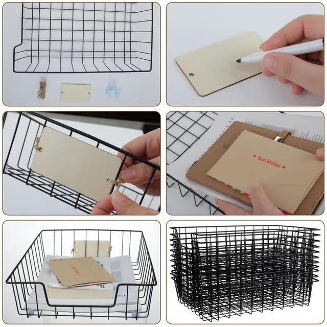 Alt view image 4 of 5 - 12 Pack Wire Paper Baskets for Organizing, Metal Desktop File Organizer, Office Document Storage Basket with Wooden Tags, Paper Trays for Classroom Home School Desktop, 14 x 10 x 3 Inch, Black